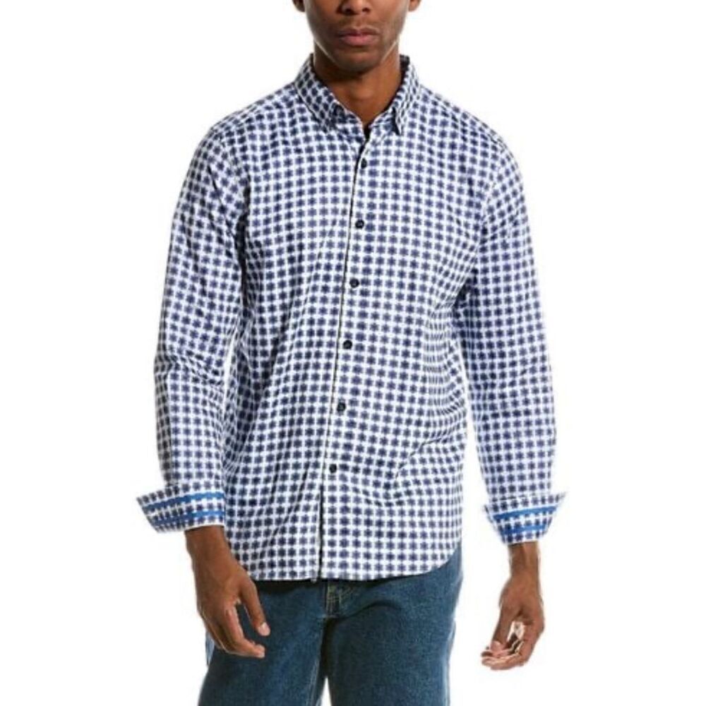 Robert Graham 100% Cotton Button Front Shirt in Blue & White NWT Size Small